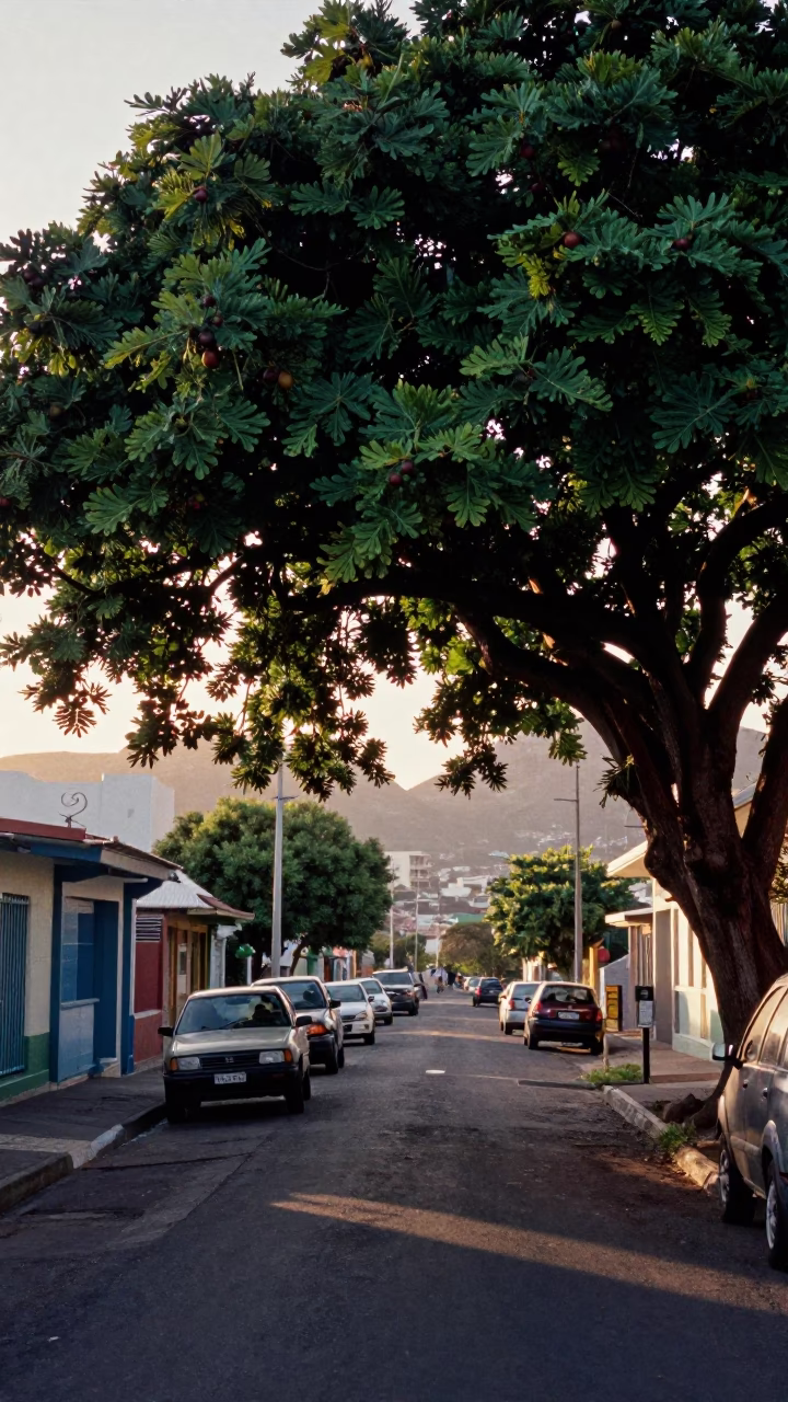 Early Morning Cape Town Street Scene with Fig Tree and Concrete Viaduct in in Cape Town, South Africa