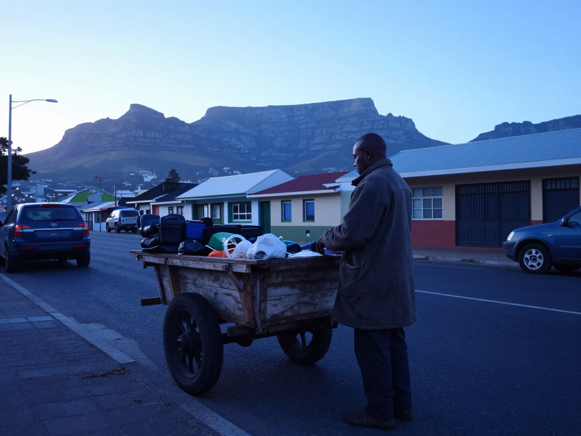 Early Morning Cape Town Street Scene with Local Vendor and Vintage Cart in in Cape Town, South Africa