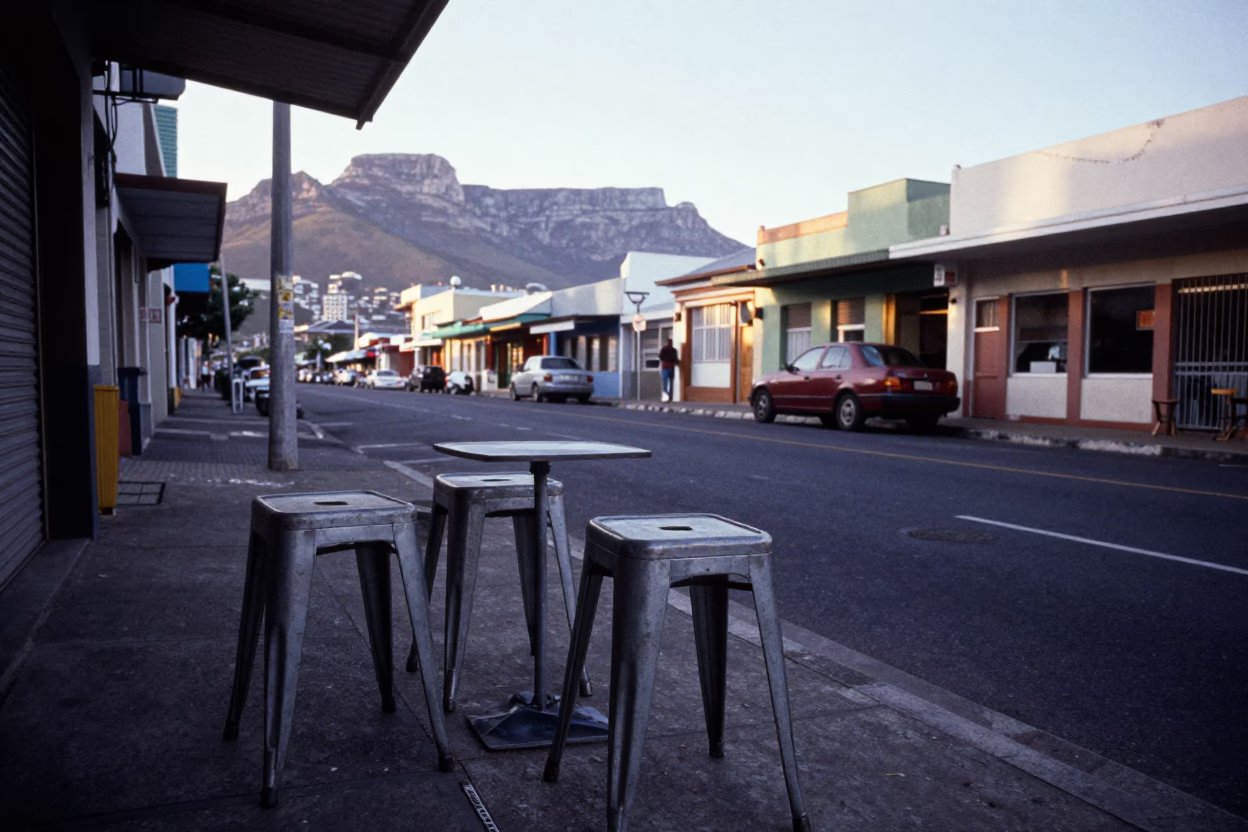 Early Morning Cape Town Street Scene with Metal Stools and Urban Life in in Cape Town, South Africa
