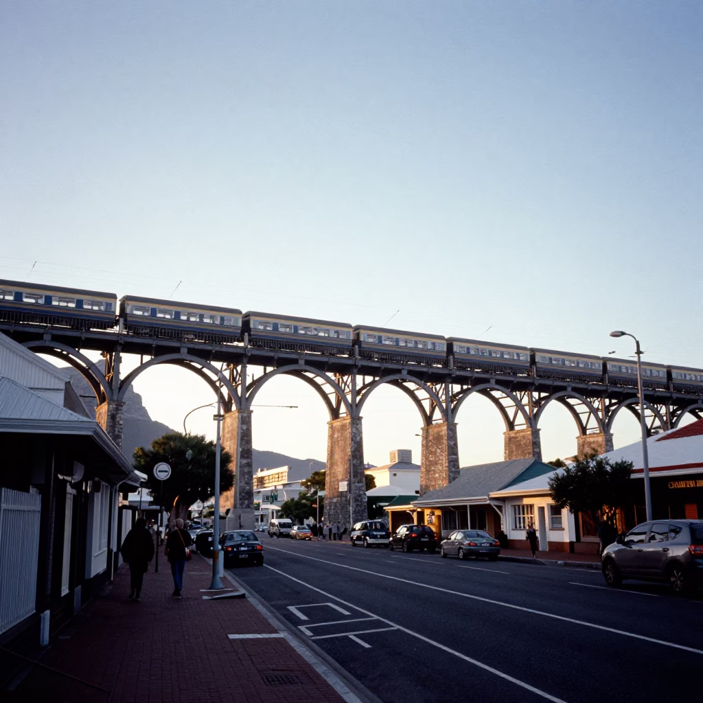 Early Morning Cape Town Street Scene with Railway Viaduct and Passing Train in in Cape Town, South Africa