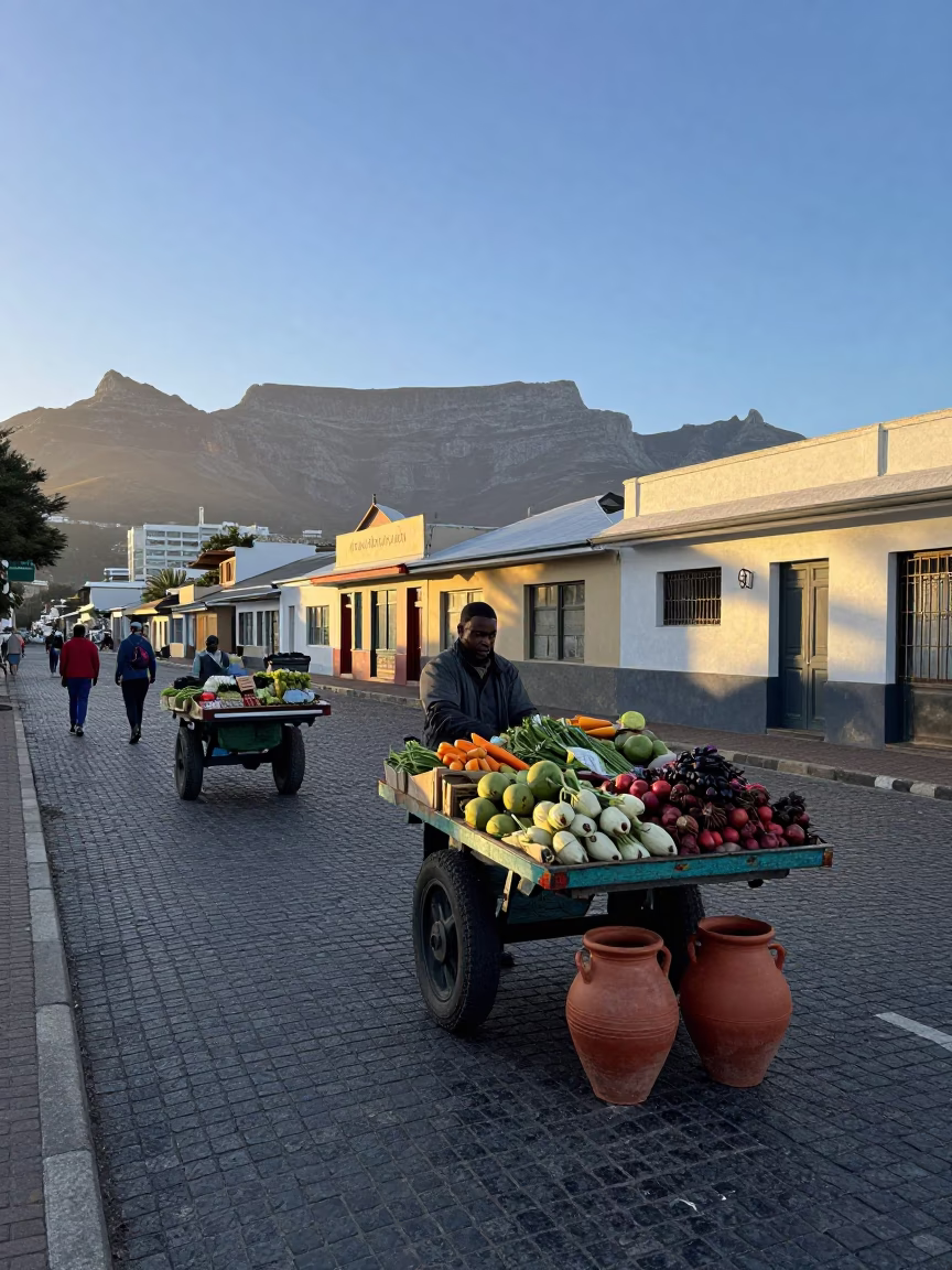 Early Morning Cape Town Street Scene with Rolling Carts and Clay Pots in in Cape Town, South Africa