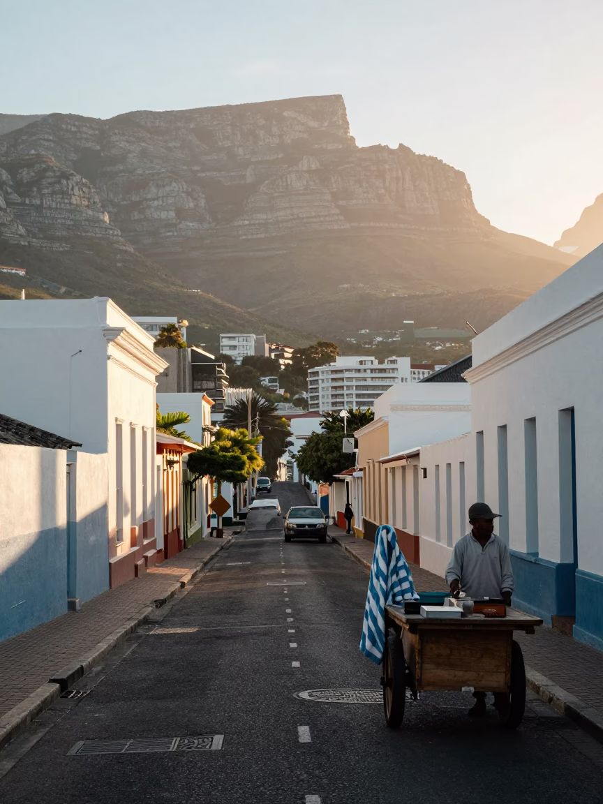 Early Morning Cape Town Street Scene with Striped Towel and Clay Pot in in Cape Town, South Africa