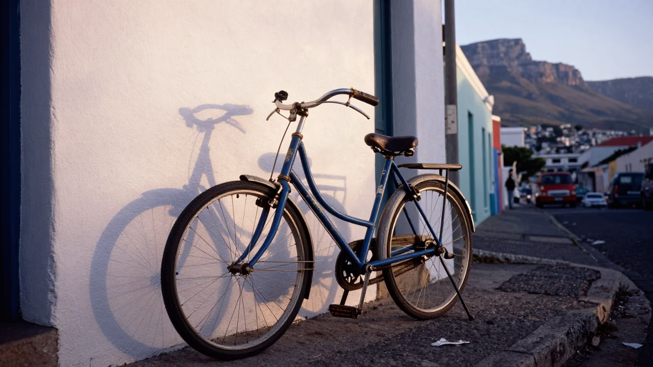 Early Morning Cape Town Street Scene with Vintage Bicycle and Cobblestone Alley in in Cape Town, South Africa