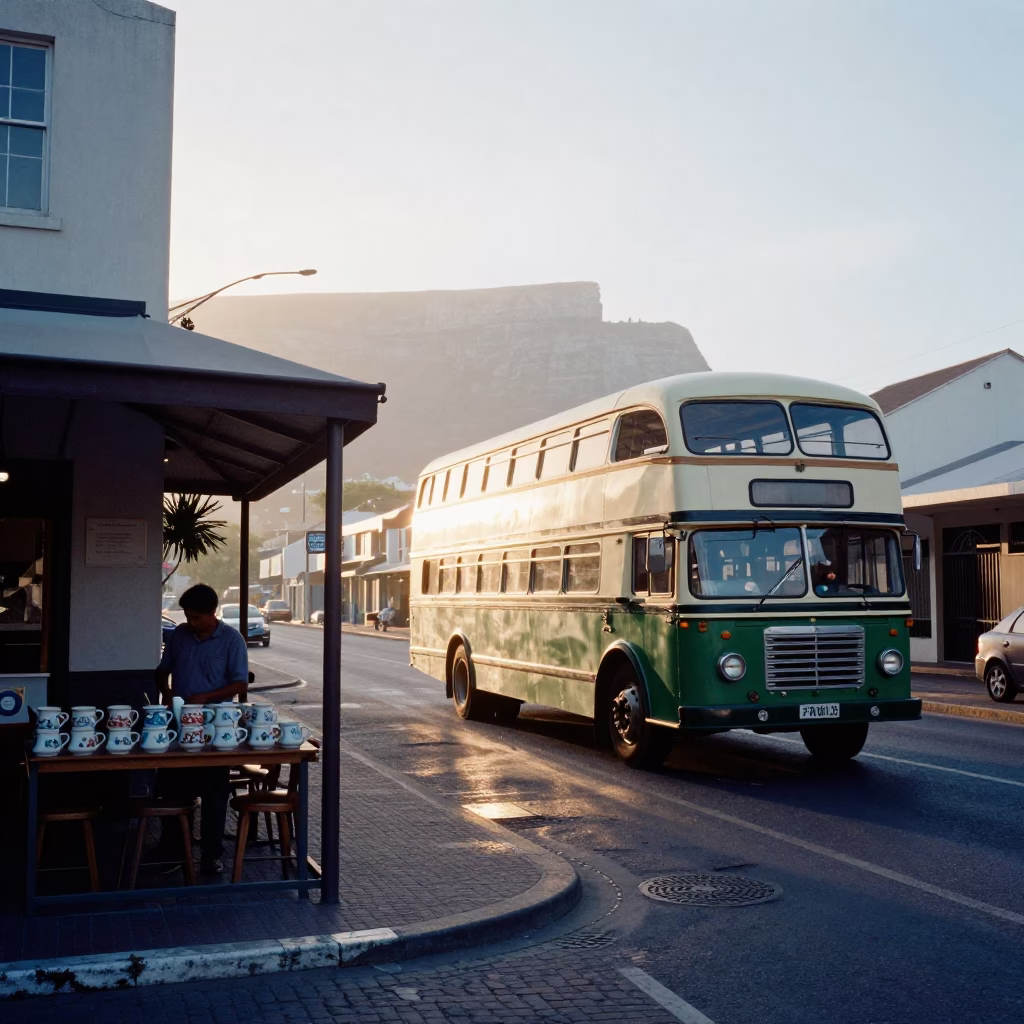 Early Morning Cape Town Street Scene with Vintage Bus and Ceramic Mugs in in Cape Town, South Africa