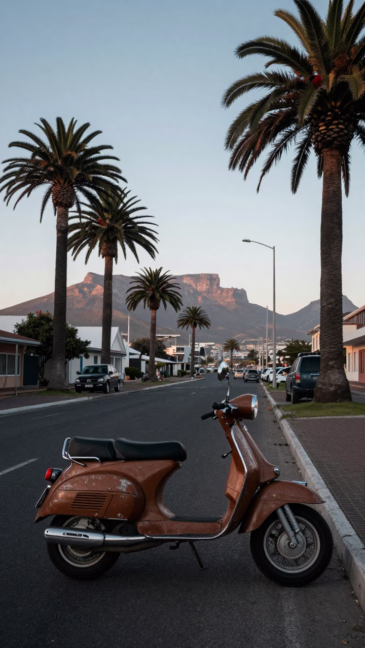 Early Morning Cape Town Street Scene with Vintage Motorbike and Local Commerce in in Cape Town, South Africa