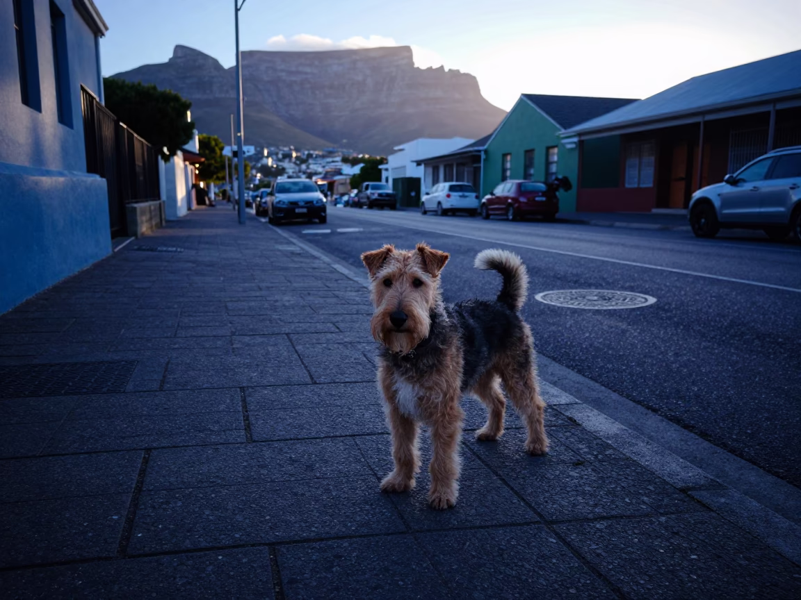 Early Morning Cape Town Street Scene with Wire Fox Terrier and Urban Details in in Cape Town, South Africa