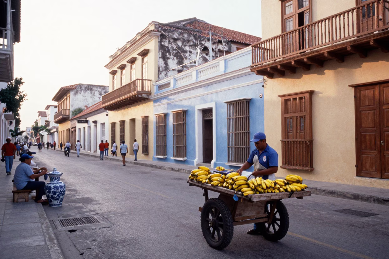 Early Morning Cartagena Colombia Street Scene with Blue Porcelain and Local Commerce in in Cartagena, Colombia
