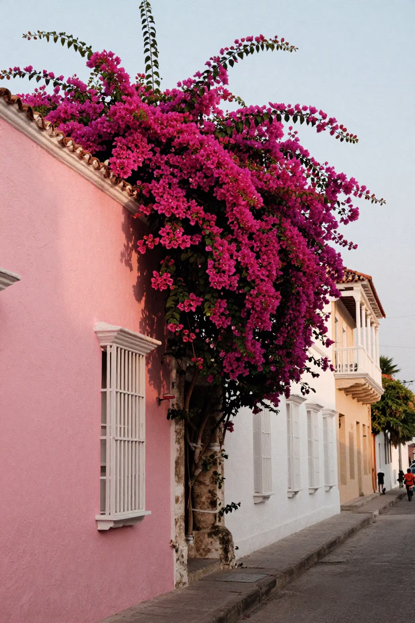 Early Morning Cartagena Colombia Street Scene with Bougainvillea and Coffee in in Cartagena, Colombia