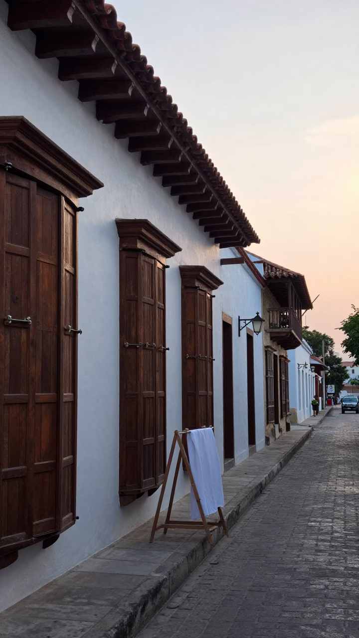 Early Morning Cartagena Colombia Street Scene with Drying Rack and Nickel Latch in in Cartagena, Colombia