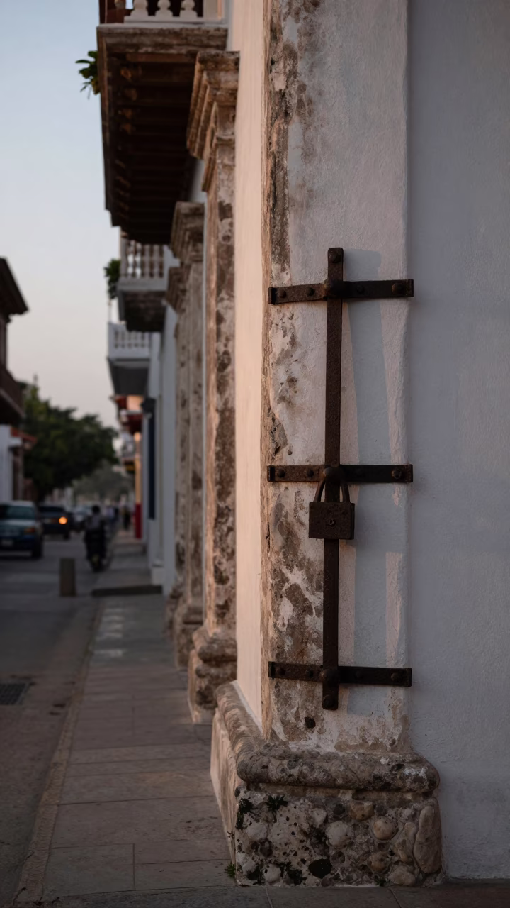 Early Morning Cartagena Colombia Street Scene with Iron Deadbolt and Stair Rail in in Cartagena, Colombia