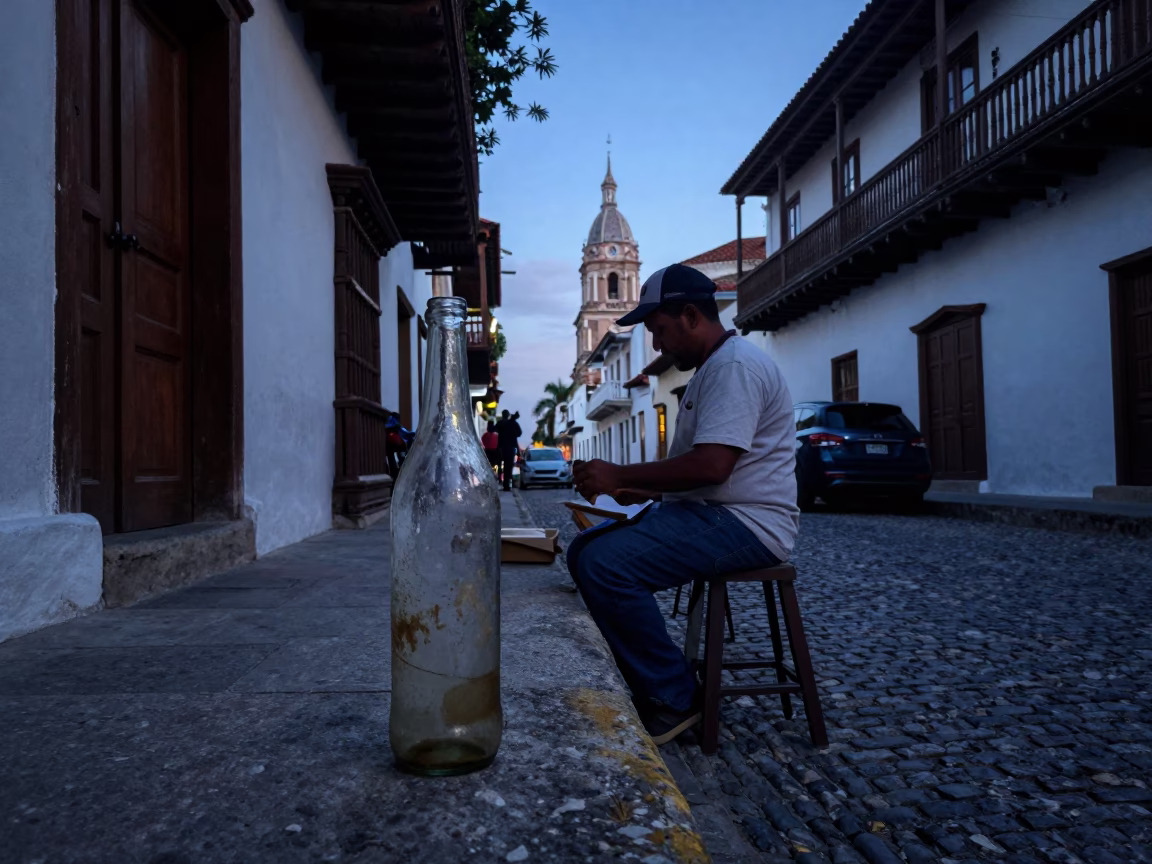 Early Morning Cartagena Colombia Street Scene with Local Vendor and Vintage Details in in Cartagena, Colombia
