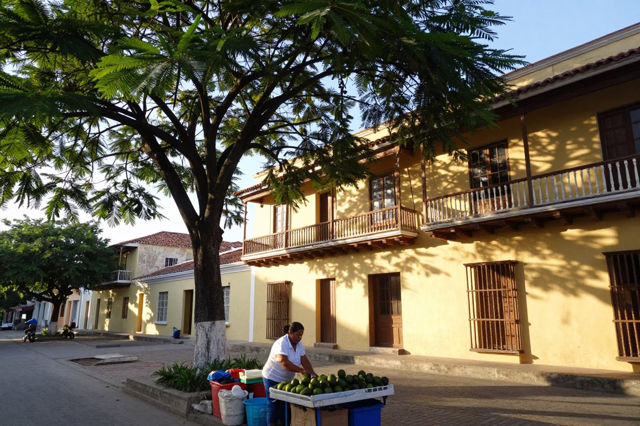 Early Morning Cartagena Colombia Street Scene with Tamarind Tree and Local Life in in Cartagena, Colombia