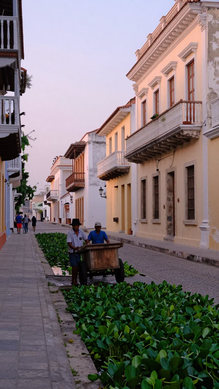 Early Morning Cartagena Colombia Street Scene with Water Hyacinth and Local Life in in Cartagena, Colombia