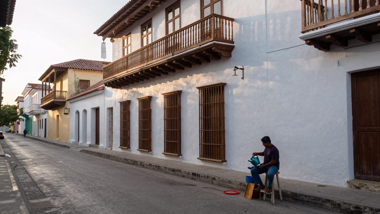 Early Morning Cartagena Colombia Street Scene with Watering Jug and Vintage Stool in in Cartagena, Colombia