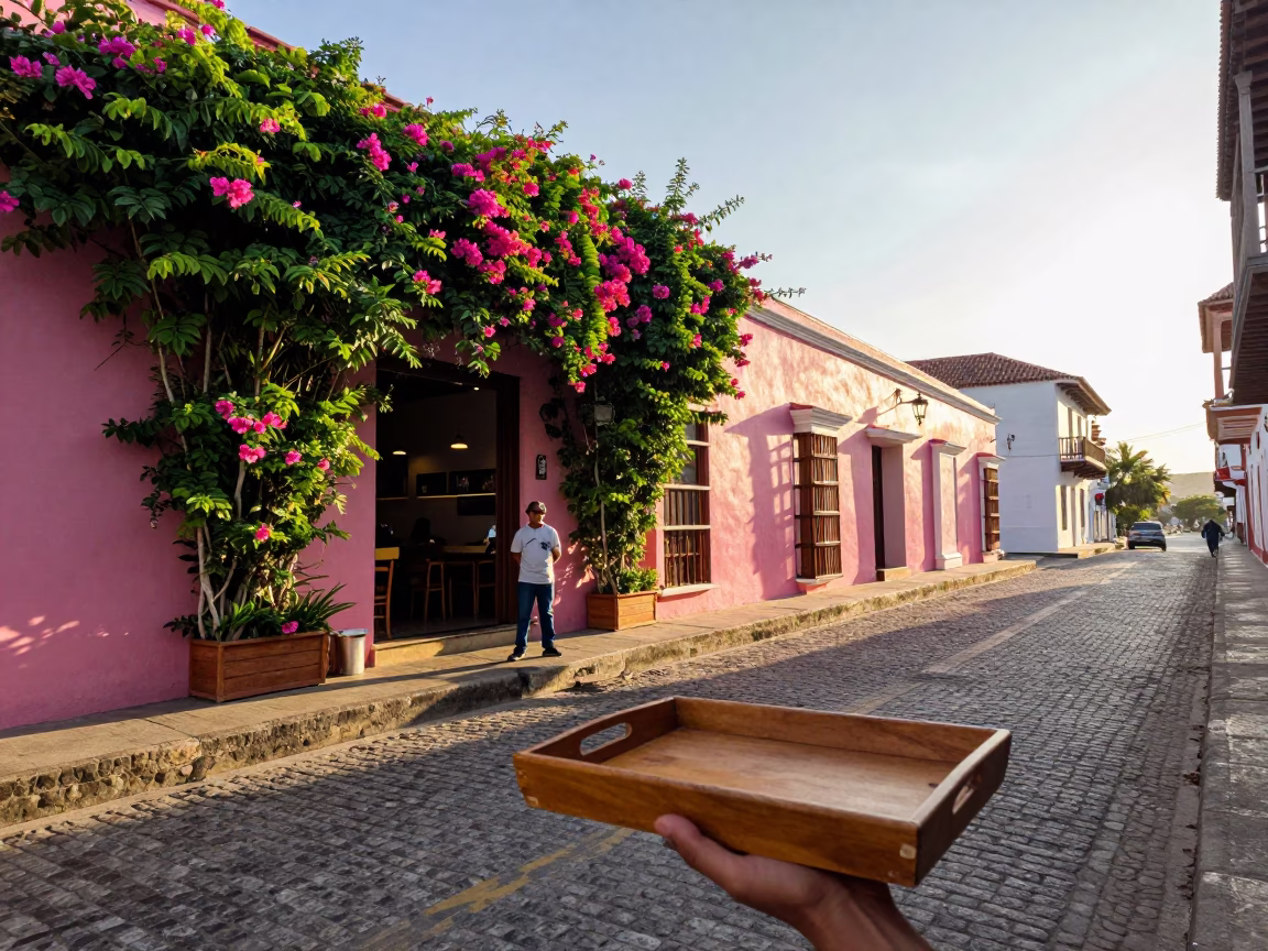 Early Morning Cartagena Colombia Street Scene with Wooden Tray and Succulents in in Cartagena, Colombia