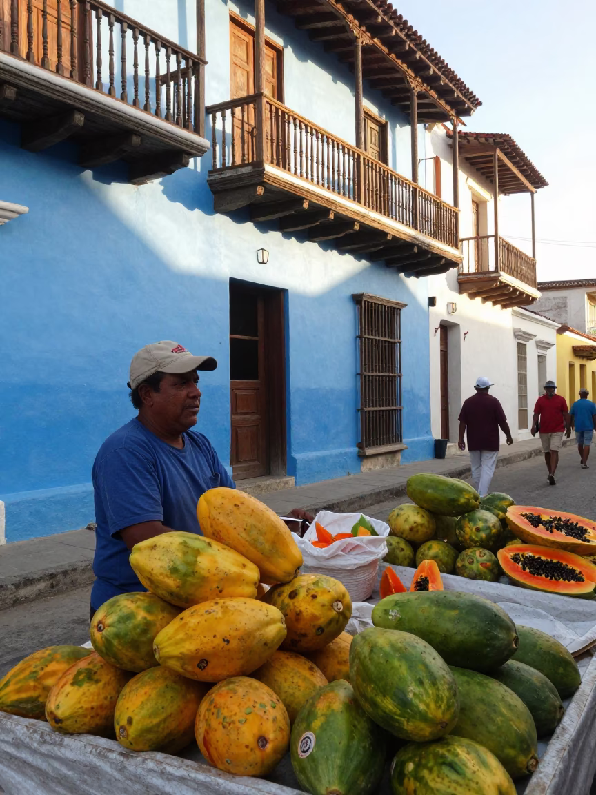 Early Morning Cartagena Colombia Street Vendor Papaya Sales with Blue Porcelain Plates and Twine in in Cartagena, Colombia