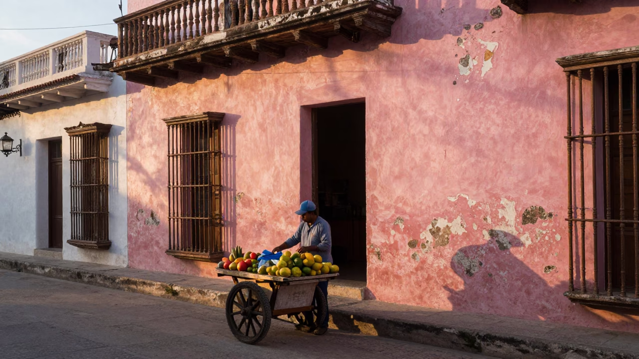 Early Morning Cartagena Street Scene with Local Artisan and Colorful Colonial Architecture in in Cartagena, Colombia