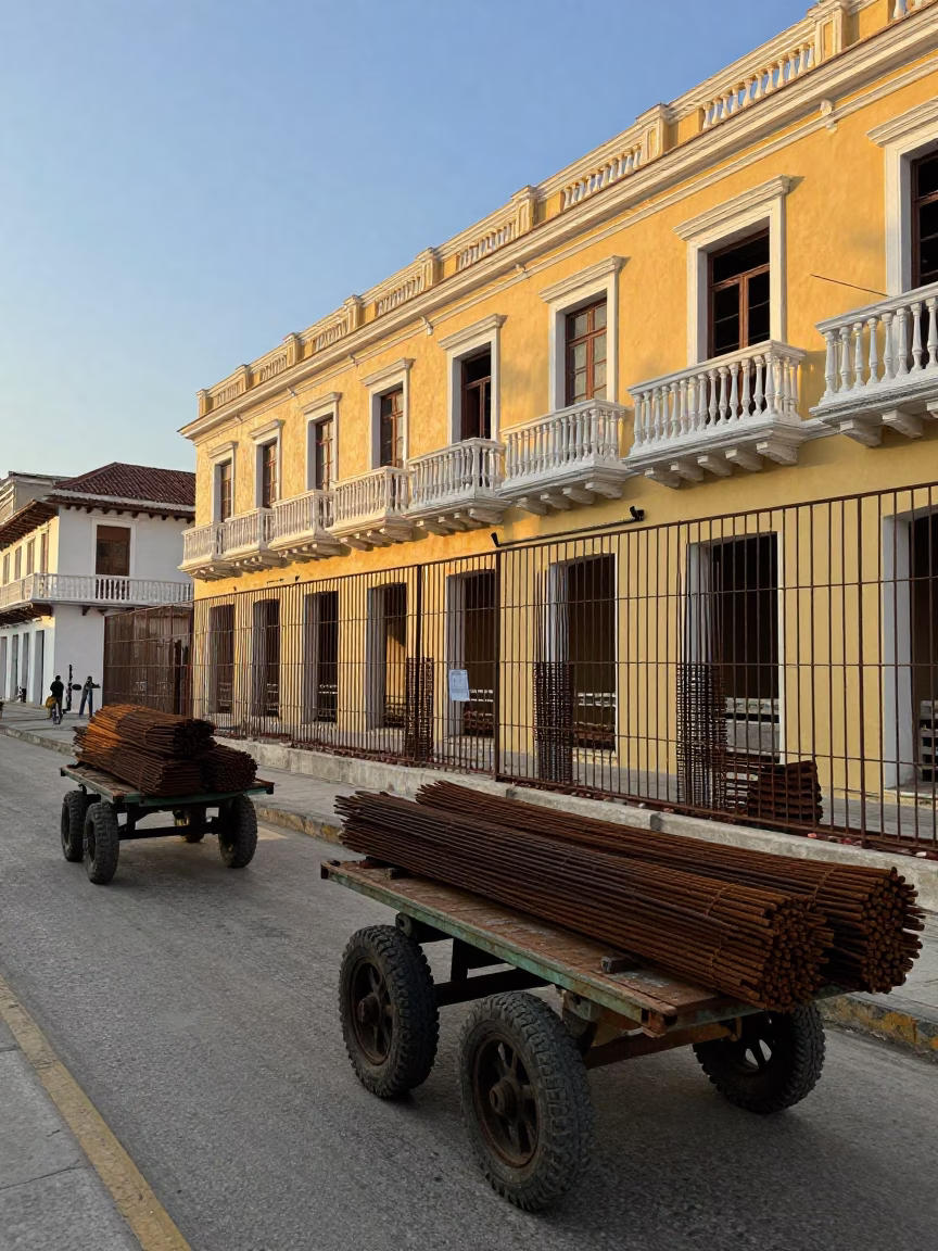 Early Morning Cartagena Street Scene with Rolling Carts and Construction Rebar in in Cartagena, Colombia