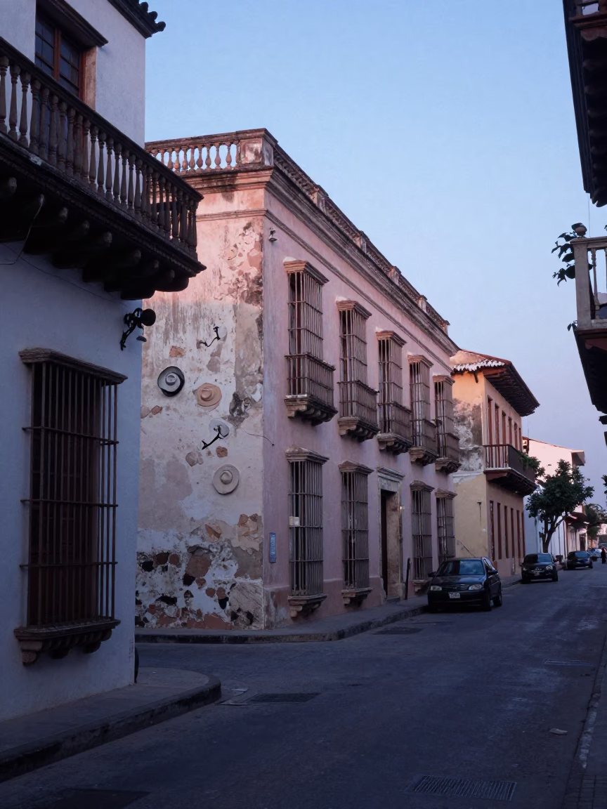 Early Morning Cartagena Street Scene with Sun Hats and Colonial Architecture Before Sunrise in in Cartagena, Colombia