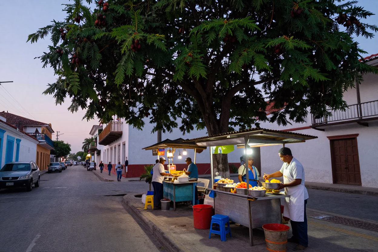 Early Morning Cartagena Street Scene with Tamarind Tree and Local Stall in in Cartagena, Colombia
