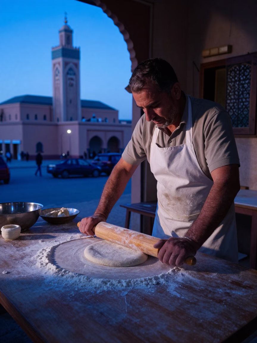 Early Morning Casablanca Bakery Scene with Rolling Pin and Flour Dust in in Casablanca, Morocco