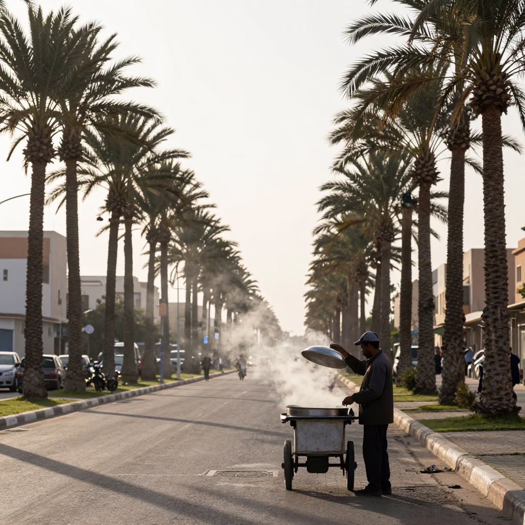 Early Morning Casablanca Boulevard with Palm Trees and Local Morning Routine in in Casablanca, Morocco