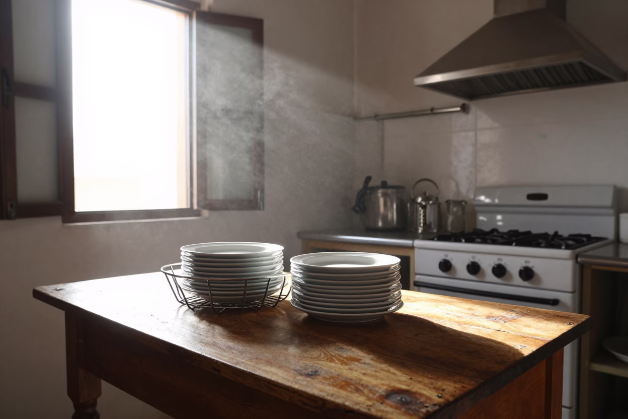 Early Morning Casablanca Kitchen with Stacked Plates and Stovetop Kettle in in Casablanca, Morocco