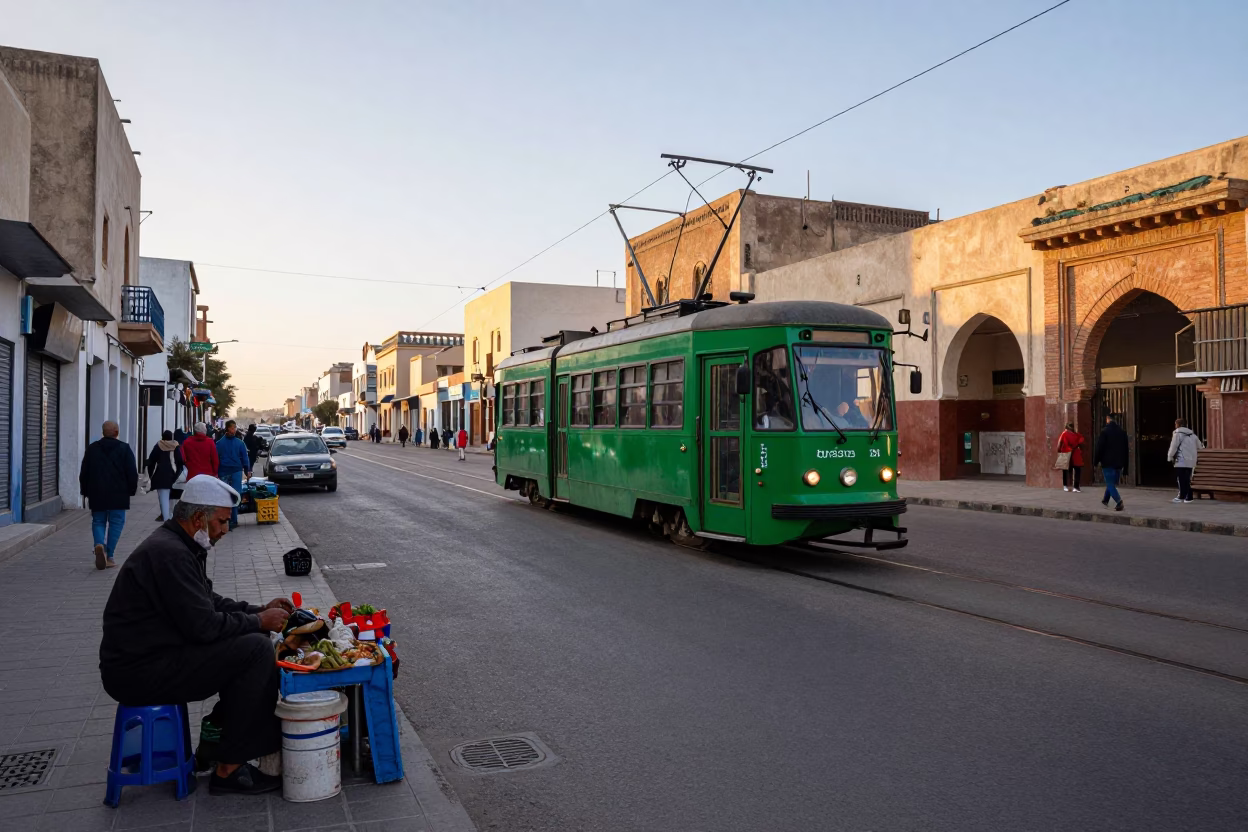 Early Morning Casablanca Morocco Street Scene with Tram and Local Market Activity in in Casablanca, Morocco