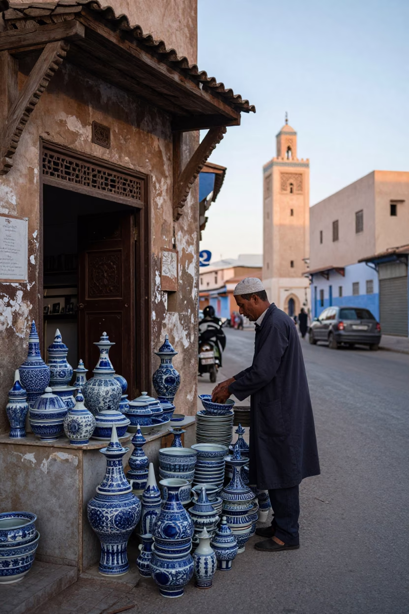 Early Morning Casablanca Street Scene with Blue Porcelain and Scratched Rail in in Casablanca, Morocco