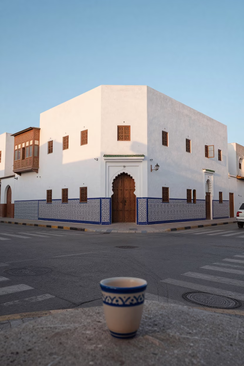 Early Morning Casablanca Street Scene with Ceramic Cup and Clay Pot in in Casablanca, Morocco