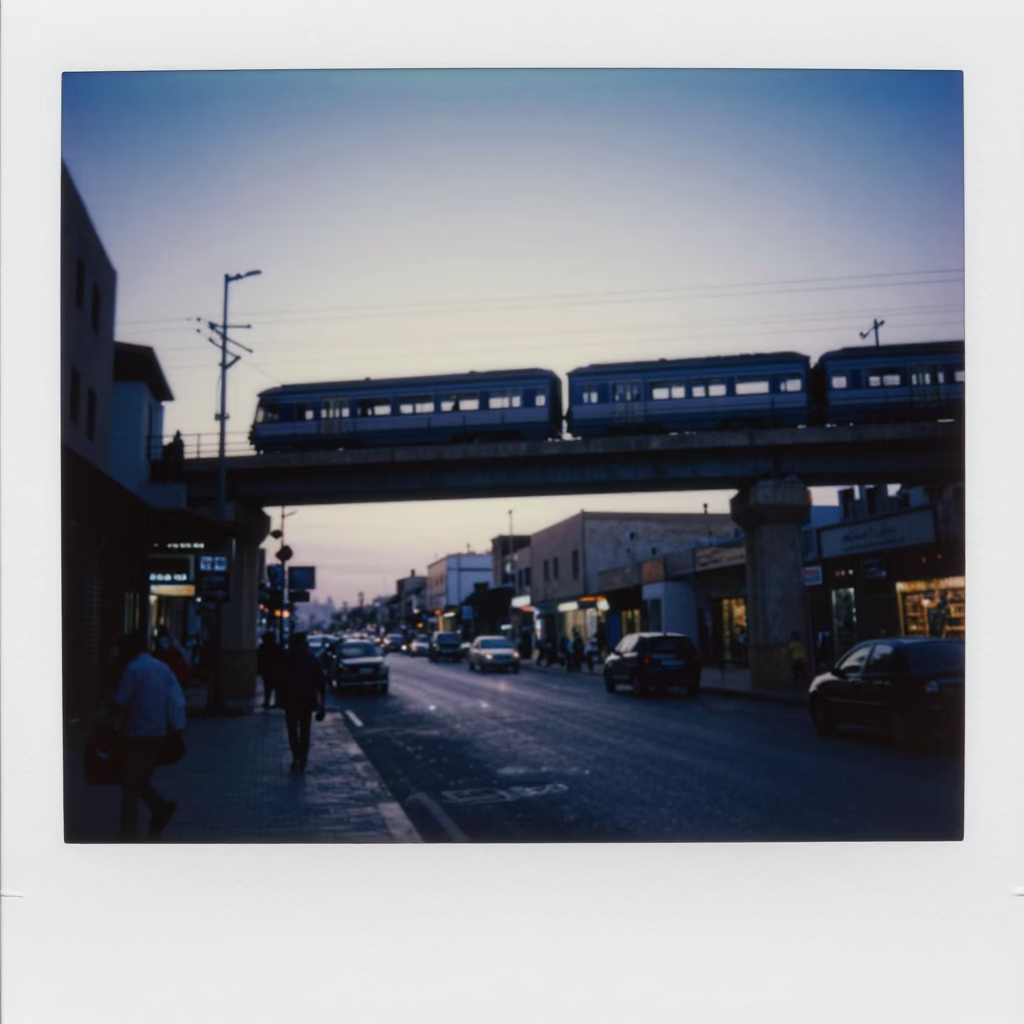 Early Morning Casablanca Street Scene with Commuter Train Crossing Bridge at Dawn in in Casablanca, Morocco