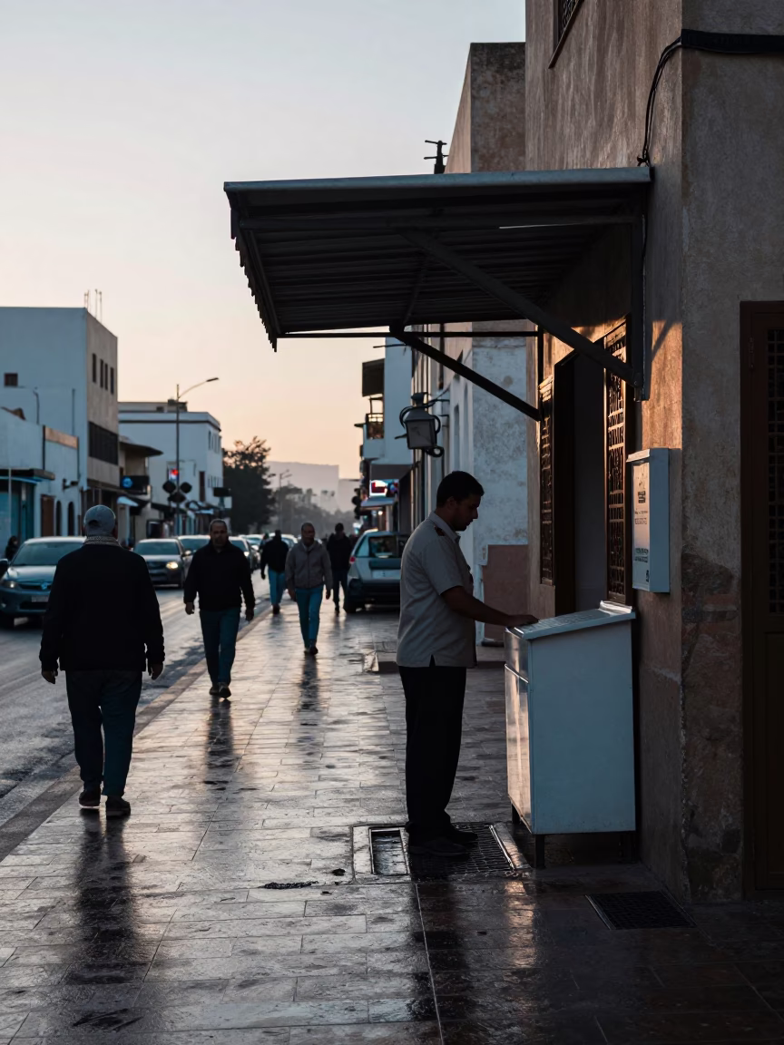 Early Morning Casablanca Street Scene with Hotel Valet Stand and Geraniums in in Casablanca, Morocco