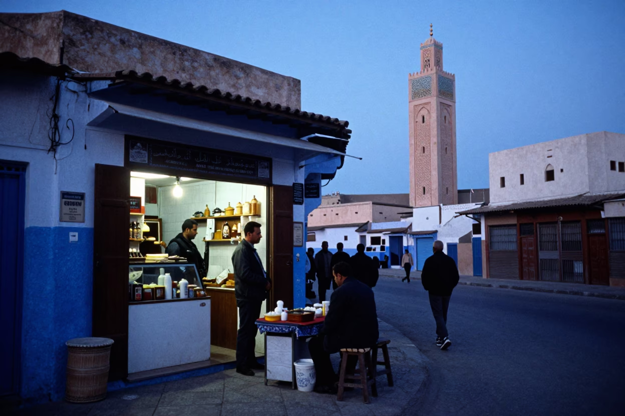Early Morning Casablanca Street Scene with Local Vendor and Blue Porcelain Bowl in in Casablanca, Morocco