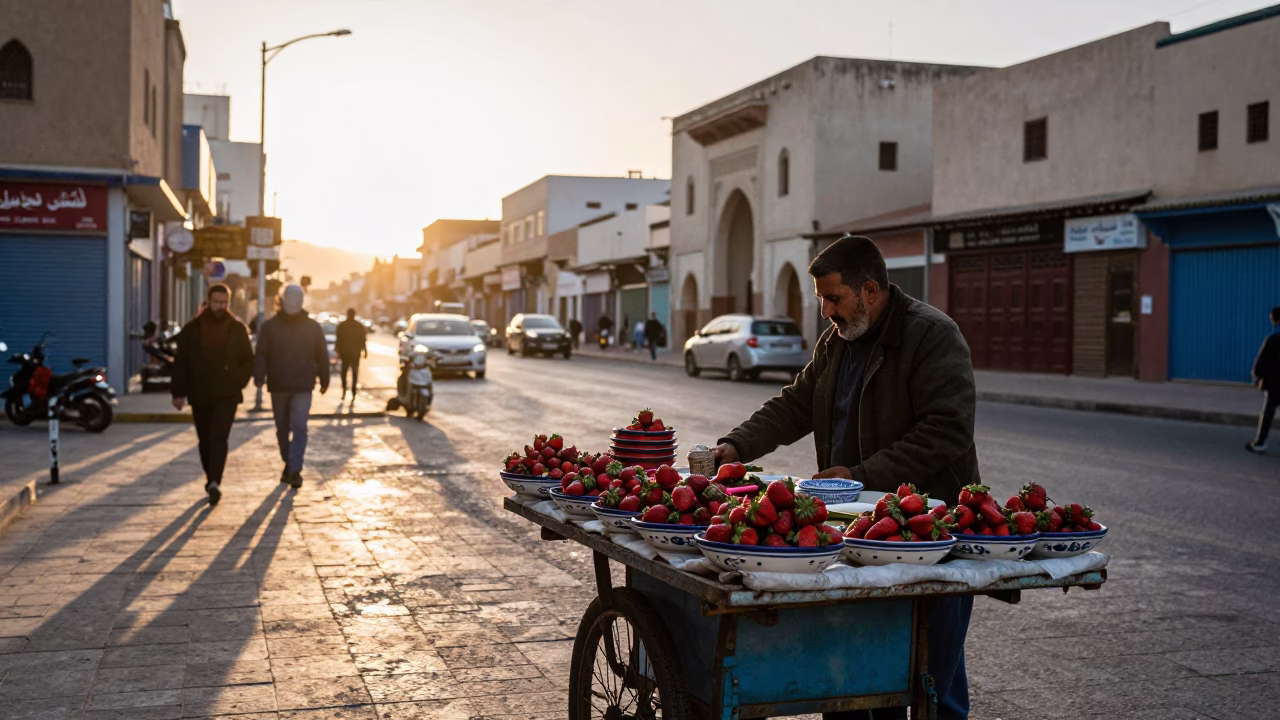Early Morning Casablanca Street Scene with Local Vendor and Traditional Elements in in Casablanca, Morocco
