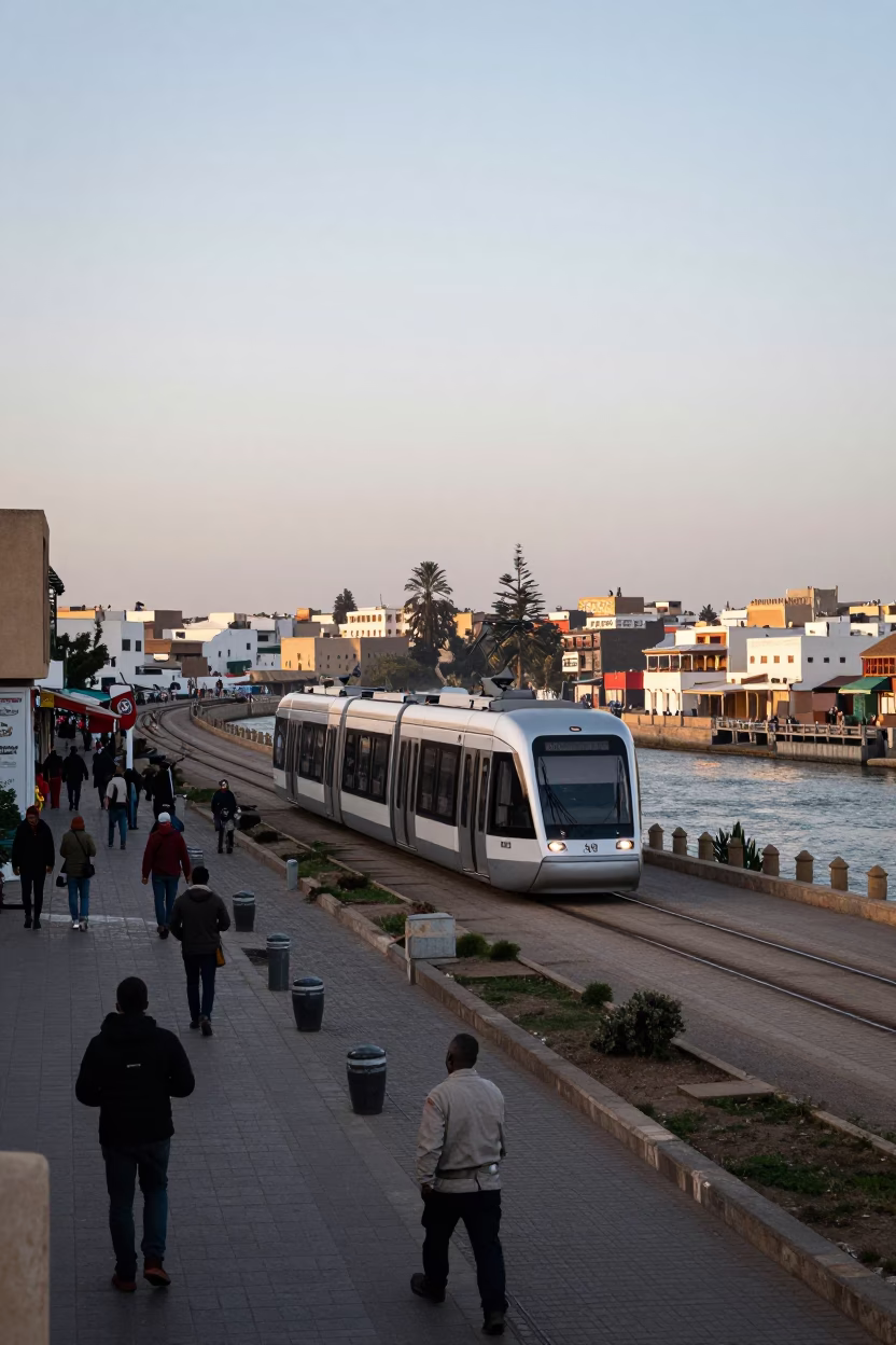 Early Morning Casablanca Street Scene with Monorail and Local Market Activity in in Casablanca, Morocco