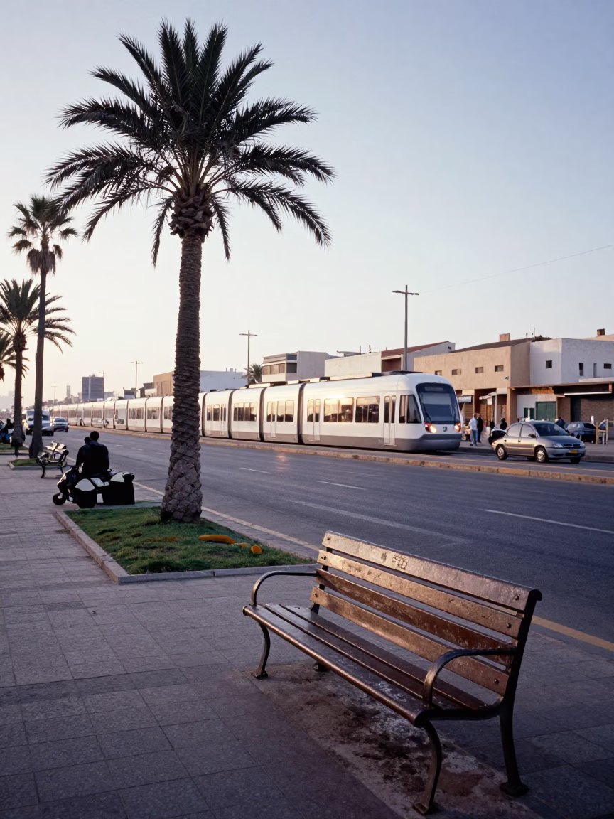 Early Morning Casablanca Street Scene with Monorail and Palm Trees in in Casablanca, Morocco