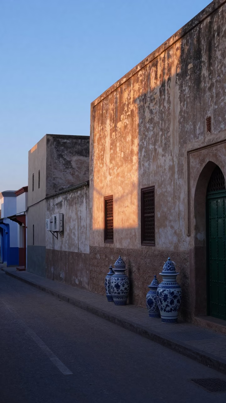 Early Morning Casablanca Street Scene with Porcelain Jars and Basil Leaves in in Casablanca, Morocco