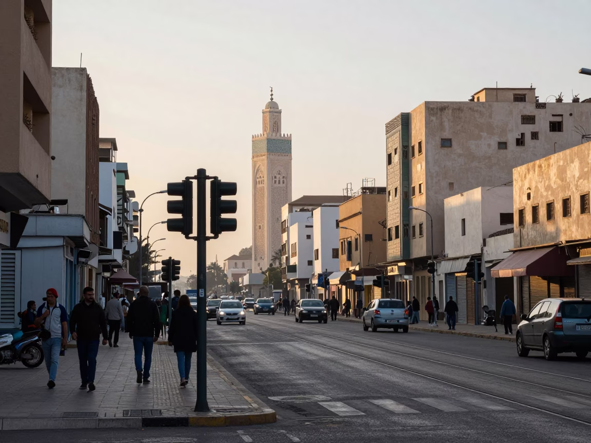 Early Morning Casablanca Street Scene with Signal Gantry and Rail Lines in in Casablanca, Morocco