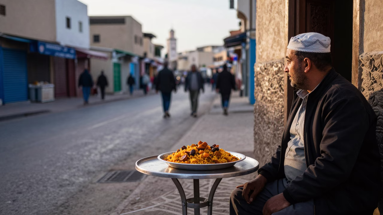 Early Morning Casablanca Street Scene with Traditional Breakfast and Cutlery in in Casablanca, Morocco