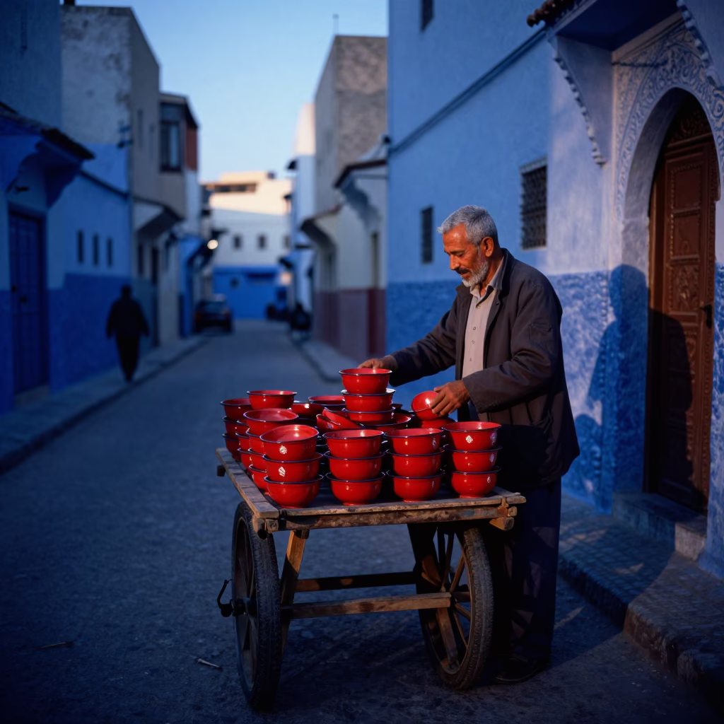 Early Morning Casablanca Street Scene with Traditional Enamel Bowls and Brush in in Casablanca, Morocco
