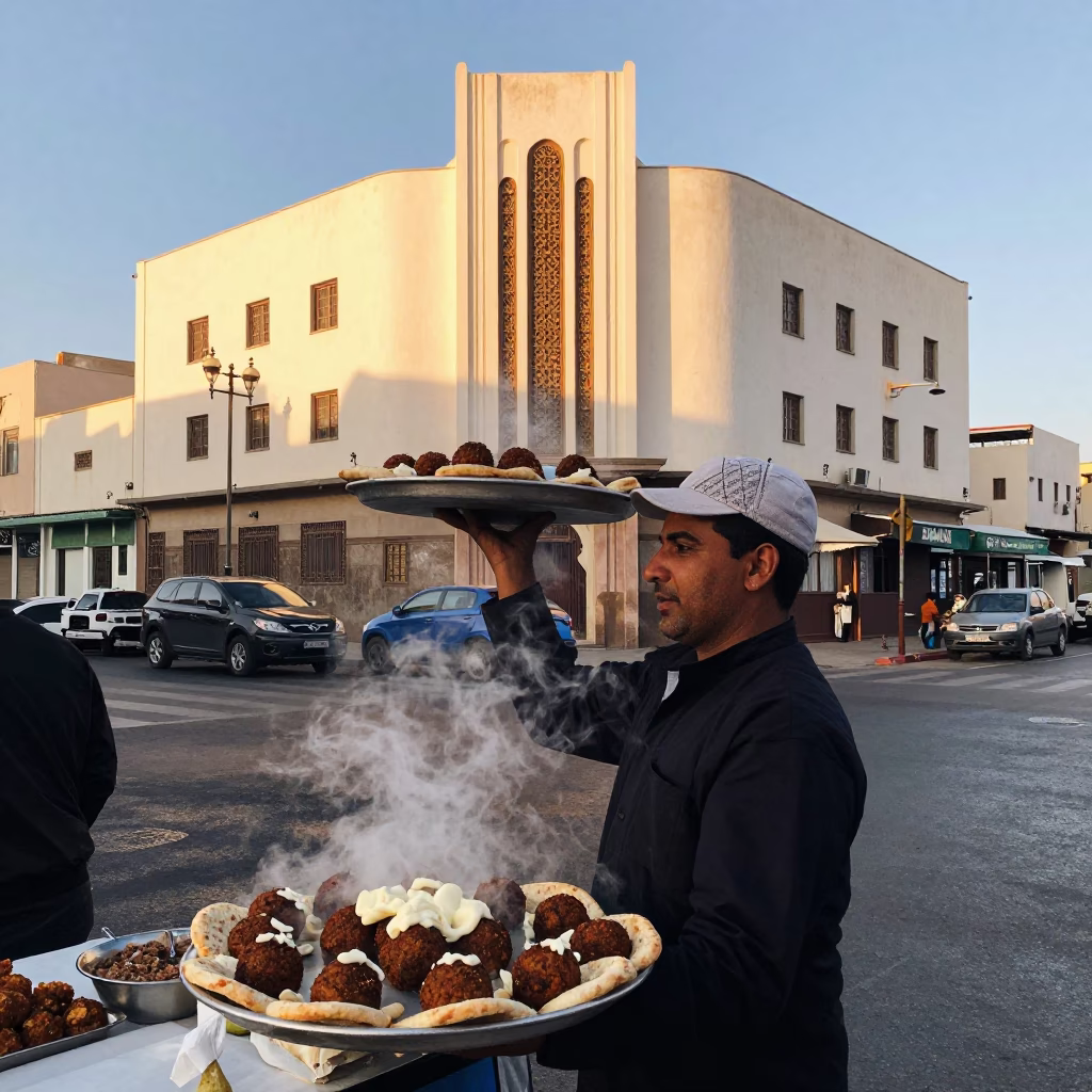Early Morning Casablanca Street Scene with Traditional Food and Urban Architecture in in Casablanca, Morocco