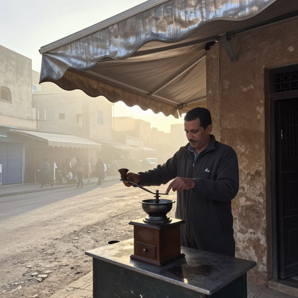 Early Morning Casablanca Street Scene with Vintage Coffee Grinder and Local Market Activity in in Casablanca, Morocco