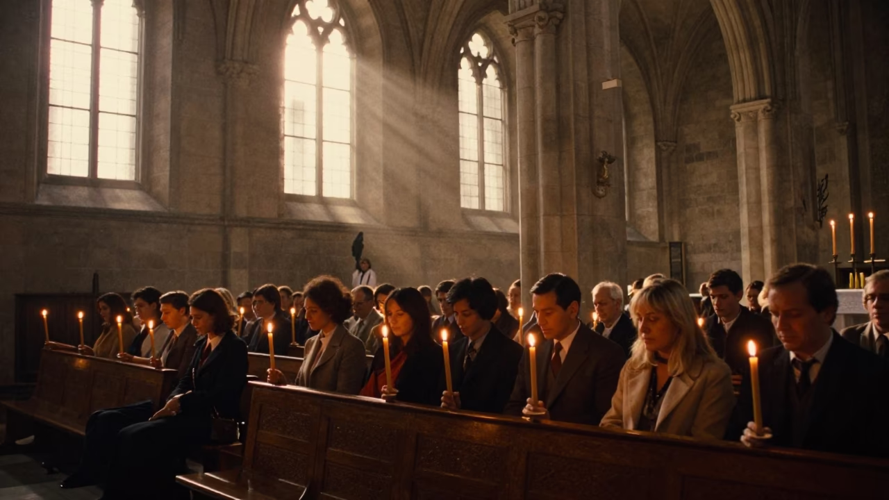 Early Morning Catholic Easter Vigil Mass Candlelight in Lyon France Church Interior in in Lyon, France