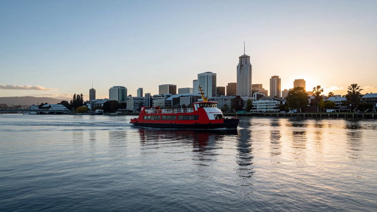 Early Morning Chain Ferry Crossing Avon River Christchurch New Zealand Sunlight in in Christchurch, New Zealand