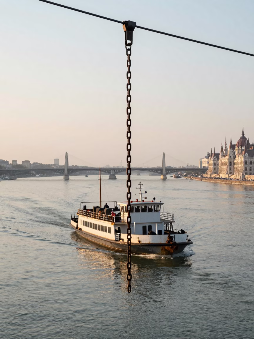 Early Morning Chain Ferry Crossing Danube River in Budapest Hungary in in Budapest, Hungary