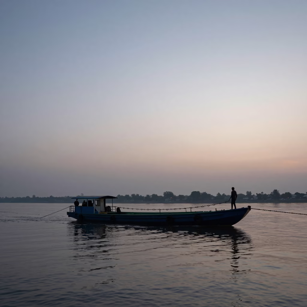 Early Morning Chain Ferry Crossing Musi River in Hyderabad India Before Dawn in in Hyderabad, India