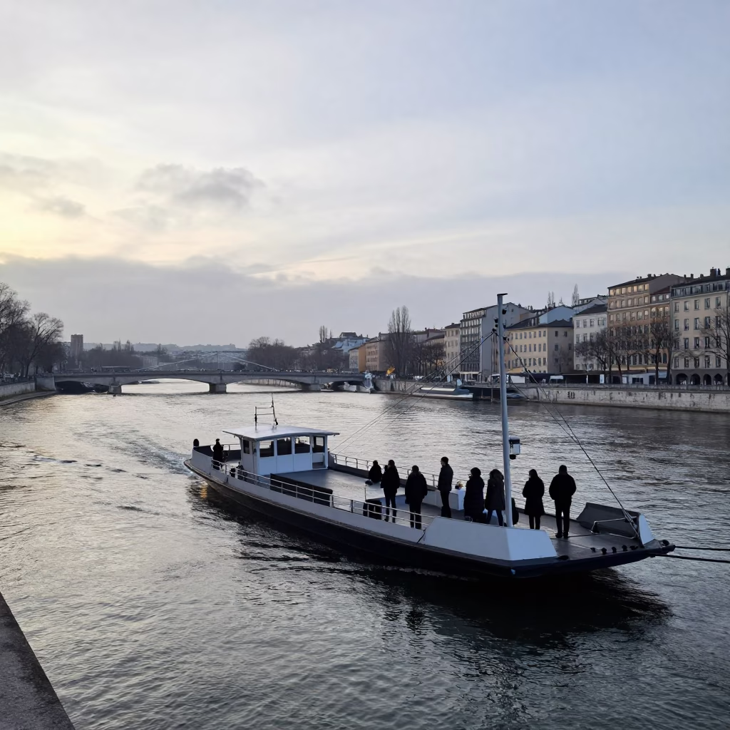 Early Morning Chain Ferry Crossing the Saone River in Lyon France in in Lyon, France