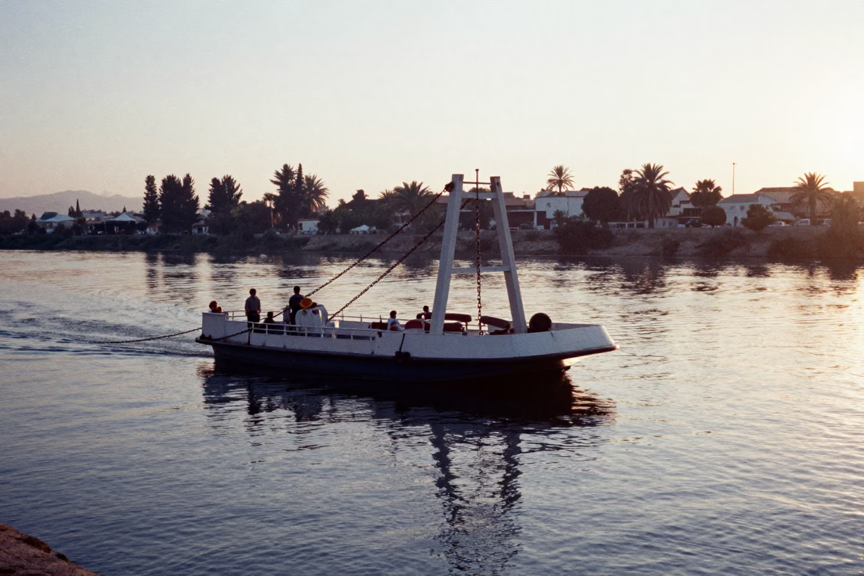 Early Morning Chain Ferry Crossing Turia River in Valencia Spain in in Valencia, Spain