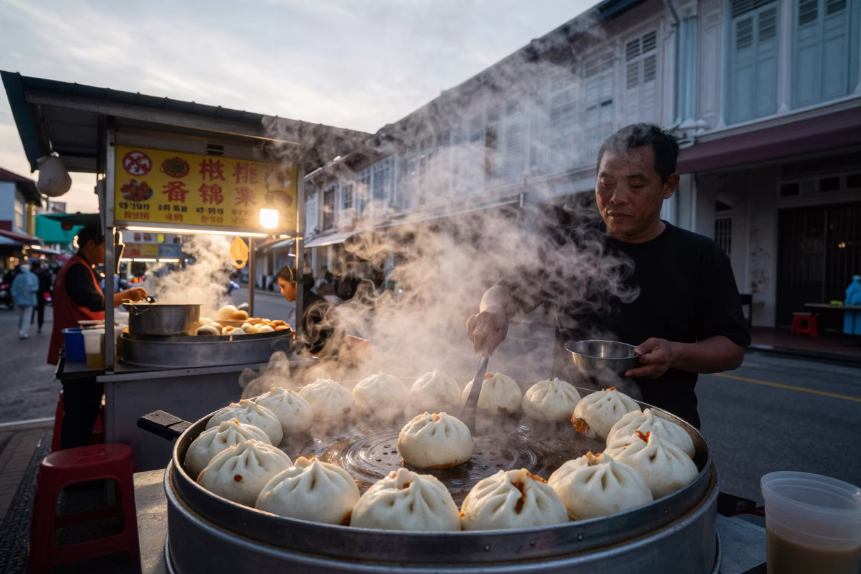 Early Morning Char Siu Bao Stall in George Town Malaysia Before Sunrise in in George Town, Malaysia
