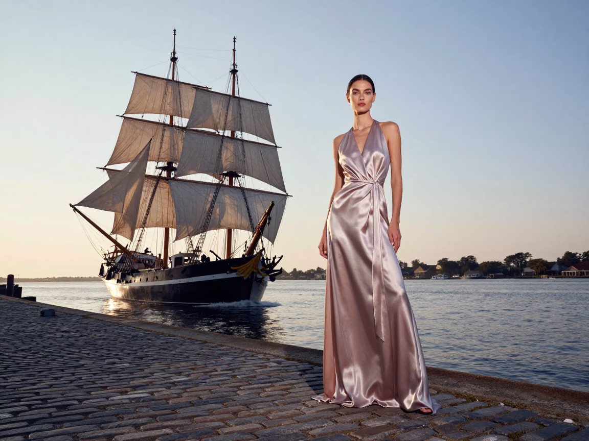 Early Morning Charleston Harbor High Fashion Editorial With Tall Ship and Lantern in in Charleston, South Carolina, United States